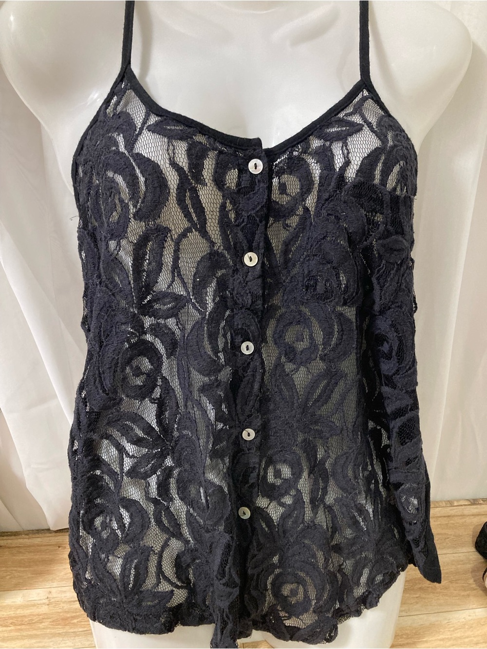 Streetwear Society Black Floral Lace Mesh Button Cami Goth Y2K Size S/P